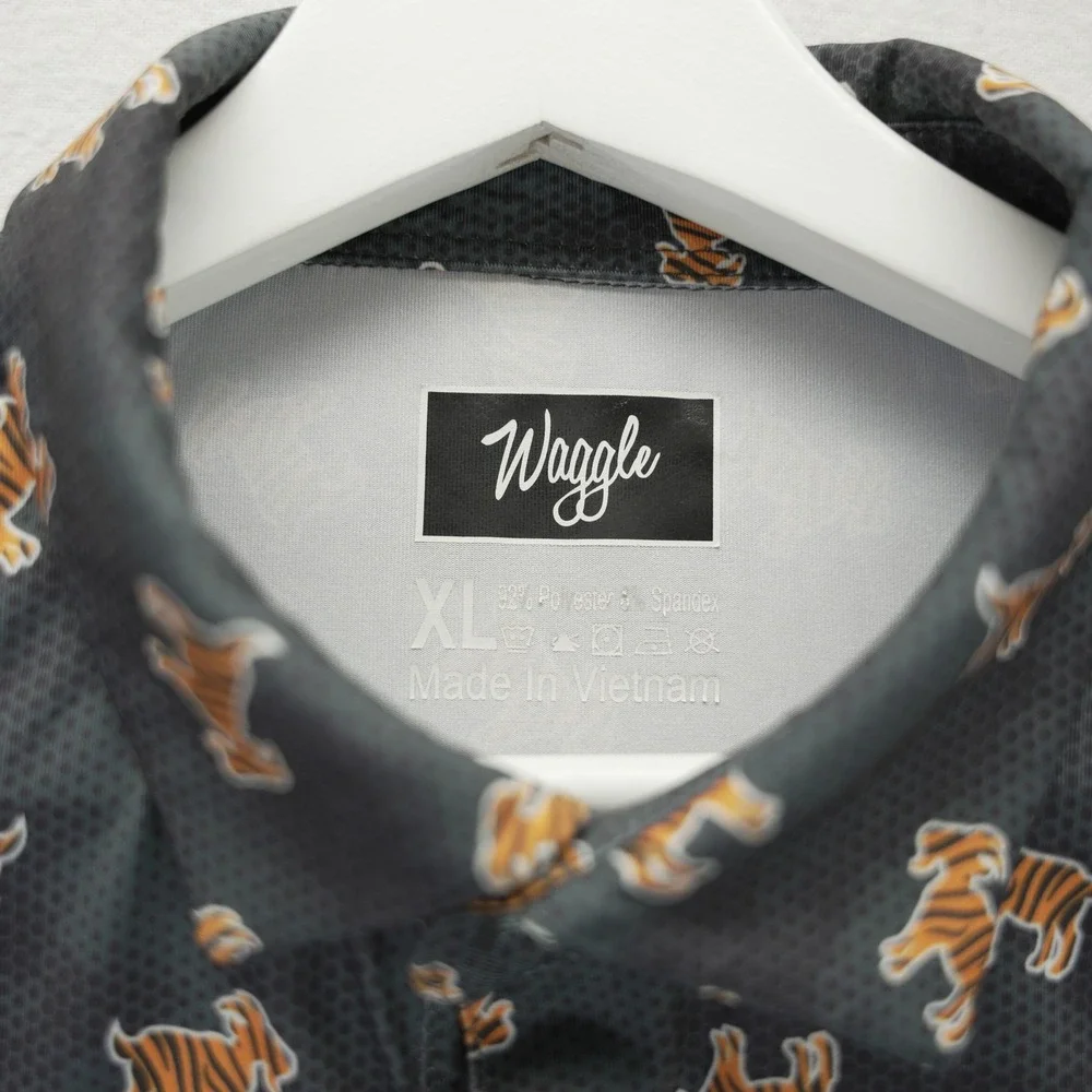 Waggle Golf Polo Mens XL Charcoal Grey Tiger Goat Print Performance Shirt Short - Picture 2 of 7